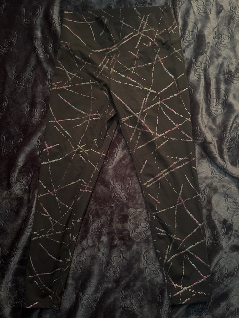 ZYIA Black Leggings with Multicolor Chalk-Stripe Design